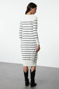 TRENDYOLMİLLA Ecru Midi Dress Premium Yarn/Special Yarn Knitwear Basic Striped - Image 5