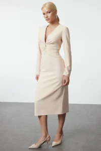 TRENDYOLMİLLA Stone Bodysuit hugging Zipper Detailed Midi Weaving Dress
