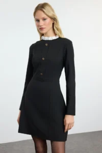 TRENDYOLMİLLA Black A Cut Button Detailed Mini Weaving Dress - Image 2