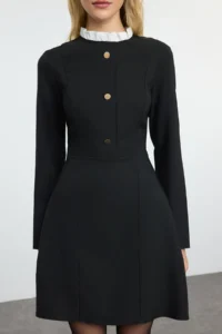 TRENDYOLMİLLA Black A Cut Button Detailed Mini Weaving Dress - Image 3