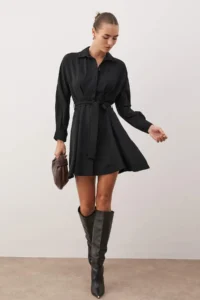TRENDYOLMİLLA Black Belted Mini Weaving Shirt Dress - Image 2