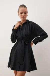 TRENDYOLMİLLA Black Belted Mini Weaving Shirt Dress - Image 3