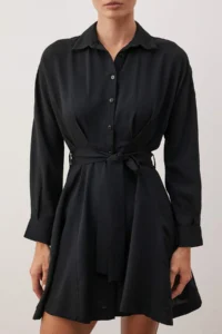 TRENDYOLMİLLA Black Belted Mini Weaving Shirt Dress - Image 4