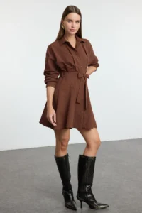 TRENDYOLMİLLA Brown Skirt Opened at Waist Mini Weaving Shirt Dress - Image 2