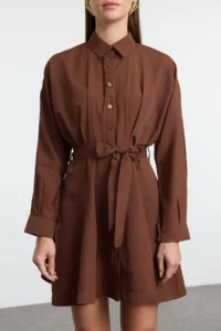 TRENDYOLMİLLA Brown Skirt Opened at Waist Mini Weaving Shirt Dress - Image 3