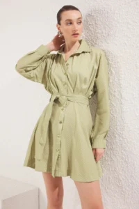 TRENDYOLMİLLA Oil Green Striped Belted Short / Mini Weaving Dress - Image 2