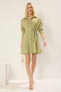 TRENDYOLMİLLA Oil Green Striped Belted Short / Mini Weaving Dress - Image 7