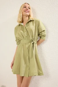 TRENDYOLMİLLA Oil Green Striped Belted Short / Mini Weaving Dress - Image 8