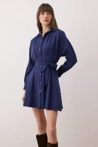 TRENDYOLMİLLA Navy Blue Belted Mini Weaving Shirt Dress - Image 2
