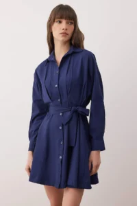 TRENDYOLMİLLA Navy Blue Belted Mini Weaving Shirt Dress - Image 3