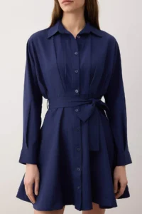 TRENDYOLMİLLA Navy Blue Belted Mini Weaving Shirt Dress - Image 4