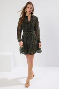 TRENDYOLMİLLA Green Belted animals Patterned Lined Siphon Flight Flight Weaving Mini Dress