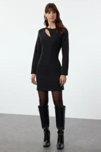 TRENDYOLMİLLA Black Bodysuit hugging Window Detailed Mini Weaving Dress