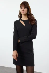 TRENDYOLMİLLA Black Bodysuit hugging Window Detailed Mini Weaving Dress - Image 2
