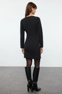 TRENDYOLMİLLA Black Bodysuit hugging Window Detailed Mini Weaving Dress - Image 5