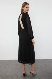 TRENDYOLMİLLA Black A Cut Back Detailed Lined Midi Siphon Weaving Winter Dress - Image 2