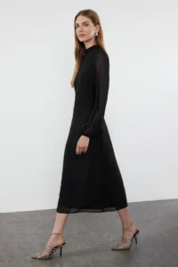 TRENDYOLMİLLA Black A Cut Back Detailed Lined Midi Siphon Weaving Winter Dress - Image 3