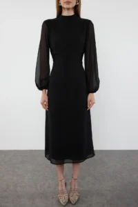 TRENDYOLMİLLA Black A Cut Back Detailed Lined Midi Siphon Weaving Winter Dress - Image 5