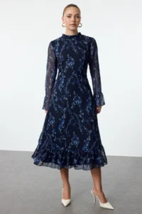 TRENDYOLMİLLA Mavi flower patterned A Cut Dog collar Midi Lined Siphon Weaving Winter Dress