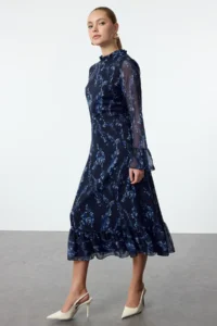 TRENDYOLMİLLA Mavi flower patterned A Cut Dog collar Midi Lined Siphon Weaving Winter Dress - Image 2
