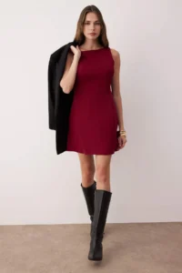 TRENDYOLMİLLA Burgundy A-Kesim Mini Weaving Dress