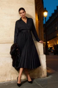 TRENDYOLMİLLA Black Belted Skirt pleated Boho Double breasted Collar Maxi Weaving Dress