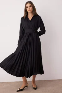 TRENDYOLMİLLA Black Belted Skirt pleated Boho Double breasted Collar Maxi Weaving Dress - Image 2
