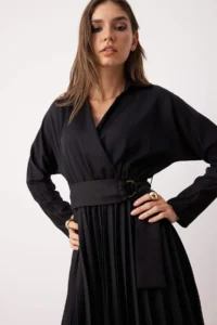 TRENDYOLMİLLA Black Belted Skirt pleated Boho Double breasted Collar Maxi Weaving Dress - Image 3