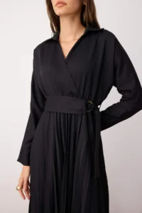 TRENDYOLMİLLA Black Belted Skirt pleated Boho Double breasted Collar Maxi Weaving Dress - Image 4