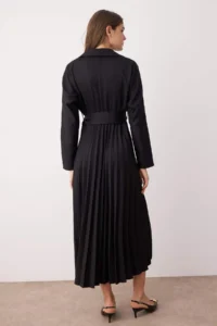 TRENDYOLMİLLA Black Belted Skirt pleated Boho Double breasted Collar Maxi Weaving Dress - Image 5