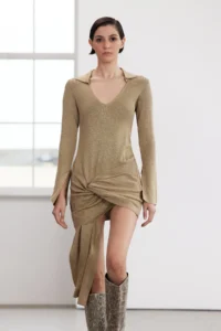 TRENDYOLMİLLA Limited Edition Gold Mini Knitwear Simli tied up Dress - Image 3