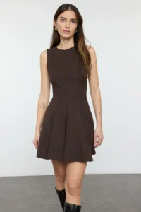 TRENDYOLMİLLA Brown Skirt Opened at Waist Crew Neck Mini polyviscone Weaving Dress - Image 2