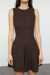 TRENDYOLMİLLA Brown Skirt Opened at Waist Crew Neck Mini polyviscone Weaving Dress - Image 3