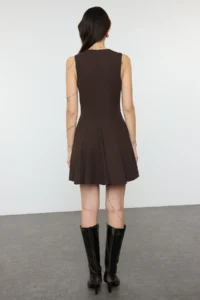 TRENDYOLMİLLA Brown Skirt Opened at Waist Crew Neck Mini polyviscone Weaving Dress - Image 5