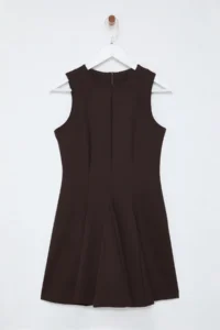 TRENDYOLMİLLA Brown Skirt Opened at Waist Crew Neck Mini polyviscone Weaving Dress - Image 6