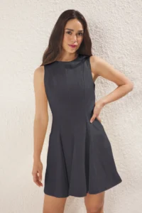 TRENDYOLMİLLA Anthracite Skirt Opened at Waist Crew Neck Mini polyviscone Weaving Dress - Image 3