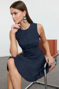 TRENDYOLMİLLA Navy Blue Striped Skirt Opened at Waist Crew Neck Mini polyviscone Weaving Dress - Image 2