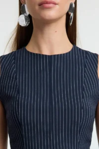TRENDYOLMİLLA Navy Blue Striped Skirt Opened at Waist Crew Neck Mini polyviscone Weaving Dress - Image 3