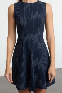 TRENDYOLMİLLA Navy Blue Striped Skirt Opened at Waist Crew Neck Mini polyviscone Weaving Dress - Image 4