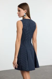 TRENDYOLMİLLA Navy Blue Striped Skirt Opened at Waist Crew Neck Mini polyviscone Weaving Dress - Image 5