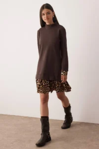 TRENDYOLMİLLA Brown Thessaloniki Dog collar Leopard Patterned Mini Knitting Dress