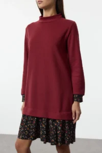 TRENDYOLMİLLA Burgundy Floral Printed Mini Thessaloniki Dog collar Knitting Dress - Image 4