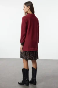 TRENDYOLMİLLA Burgundy Floral Printed Mini Thessaloniki Dog collar Knitting Dress - Image 5