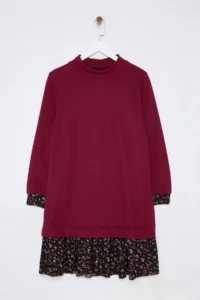 TRENDYOLMİLLA Burgundy Floral Printed Mini Thessaloniki Dog collar Knitting Dress - Image 6
