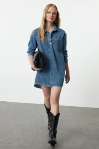 TRENDYOLMİLLA Mavi Stitching Detailed Mini Denim Shirt Dress