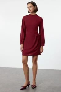 TRENDYOLMİLLA Koyu Cherry A Cut Mini Weaving Dress