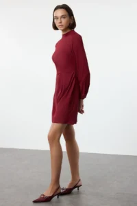 TRENDYOLMİLLA Koyu Cherry A Cut Mini Weaving Dress - Image 2