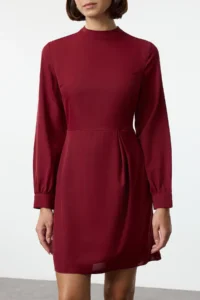 TRENDYOLMİLLA Koyu Cherry A Cut Mini Weaving Dress - Image 4
