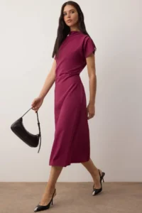 TRENDYOLMİLLA Dark Purple Plain A Cut Ruffle / Drape Midi  Weaving Dress - Image 2