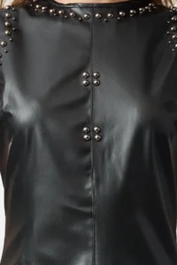 TRENDYOLMİLLA Black Faux Leather Troklu Fitted Mini Weaving Dress - Image 4